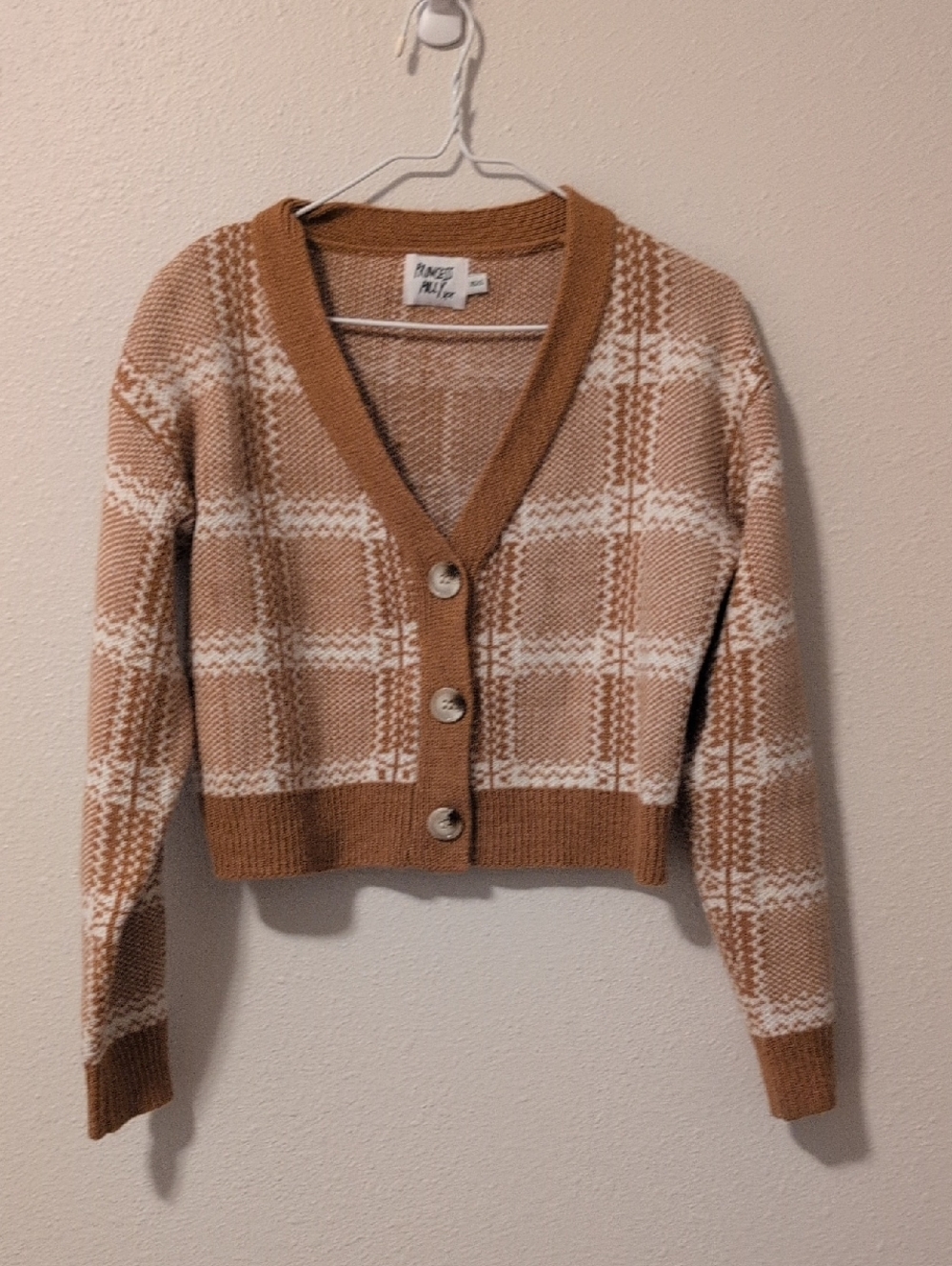 Princess Polly Tan/Rust & White Plaid Cropped Cardigan